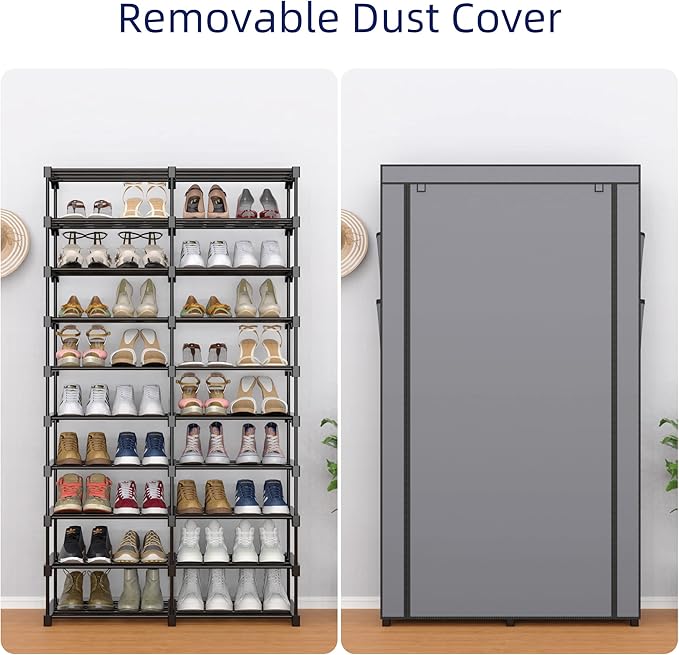 9-Tier Shoe Rack - 36-40 Pairs Organizer with Nonwoven Fabric Cover, Double Row for Closet (Black Rack with Gray Cover)