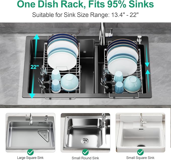GSlife Expandable Dish Drying Rack for Large Sink- Stainless Steel Over the Sink Dish Drainer with Silicone Drying Mat and Locking Knob for Kitchen, 12.8" W x 13.4"-20.5" L, Silver