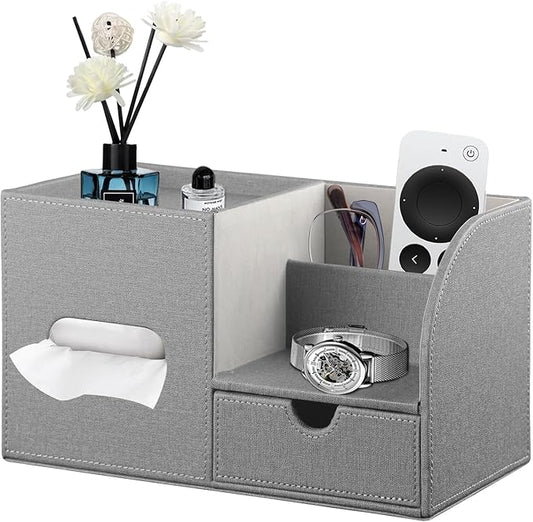 Fanousy Square Tissue Box Cover with Drawer Storage and Tray on Top, PU Leather Tissues Cube Boxes Holder, Modern Nightstand Organizer Caddy, Remote Control Holder for Bathroom, Bedside, Office, Home