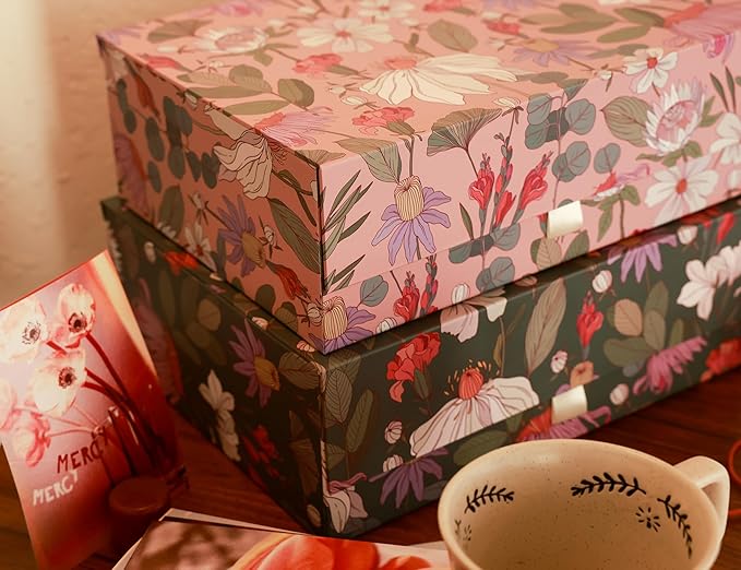 3-Piece Decorative Storage Boxes with Lids, Magnet and Ribbon, Blue, Green, Pink, Floral, Cardboard Paper Keepsake box Set, Photo Storage Box for Memory, Modern Stylish Home Decor
