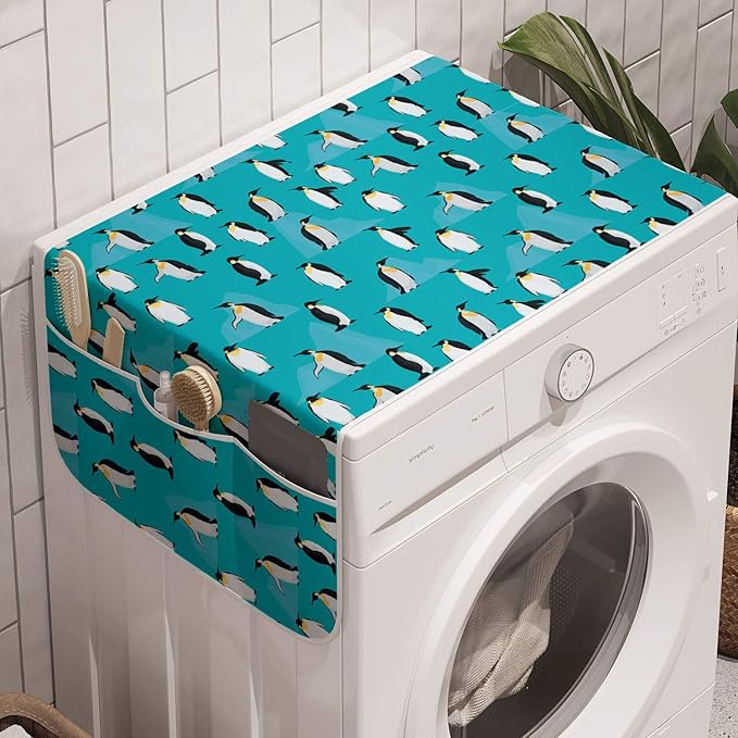 Ambesonne Turquoise Blue Washing Machine Organizer Pack of 2, Icebergs and Penguins, Anti-Slip Cover for Washers Dryers, 47" x 18.5", Turquoise Grey