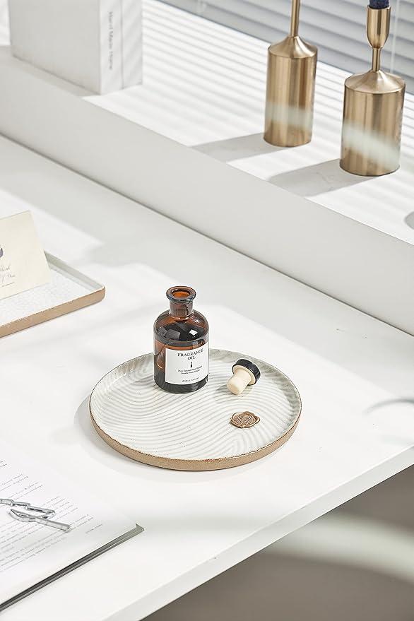Vanity Tray with Brown Trim - Candle & Perfume Holder Organizer - Decorative Round White 8"8" Countertop Tray for Bathroom & Dresser