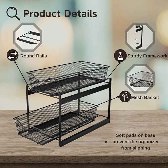 IBERG 2 Tier Bathroom Organizer with Pull Out Drawer, Under Sink Storage Organizer for Kitchen Cabinet, Metal Sliding Basket (Black)