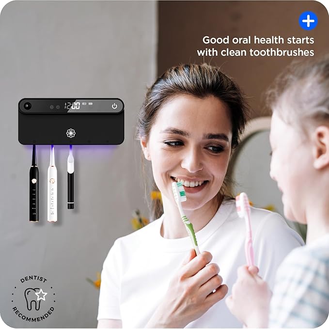 Bloom Toothbrush Sanitizer and Holder for Bathroom Walls, Strong 3M Adhesive, Time Display, Long-Lasting Charge, 5 Slots for Any Size Toothbrush, Black