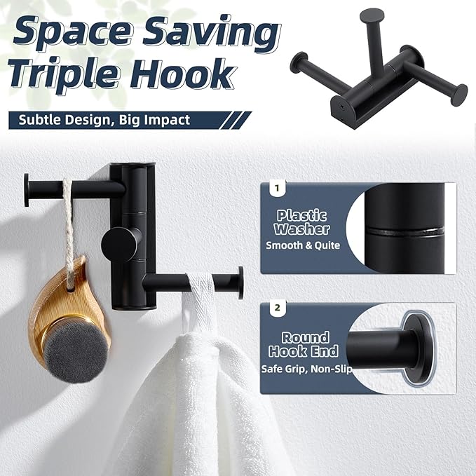 APLusee Swivel Towel Hook 3 Arms Matte Black, 304 Stainless Steel Foldable Coat Hanger Bathroom Robe Towel Hook, Wall Kitchen Storage Holder