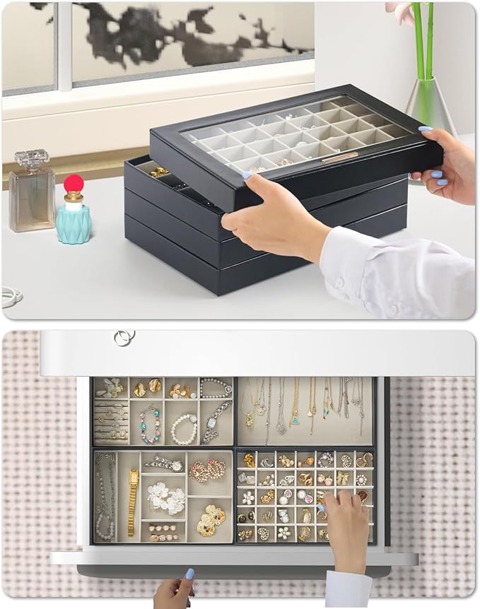 Large Jewelry Organizers and Storage Box, 4 Layers Stackable Jewelry Organizer Trays Clear Lid Cover for Drawers, Jewelry Boxes for Women, Stacker Jewelry Display Case (Black)