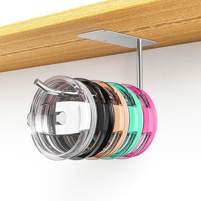 Tumbler Lid Organizer, Stainless Steel Cup Lid Organizer, Self-Adhesive or Drilling Tumbler Lid Storage for Owala Stanley Yeti Simple Modern, Kitchen Organizer and Storage(1, Silver)