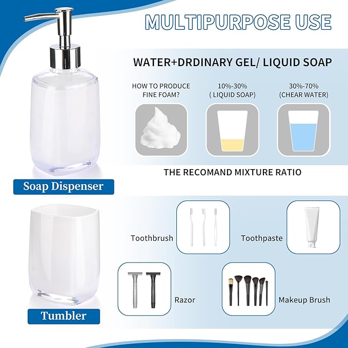 3 Pcs White Bathroom Accessories Set, Soap Dispenser, Soap Dish, Mouthwash Cup,Countertop Organizer Bathroom Sink Set,Boho Modern Bath Decor Gift for Home