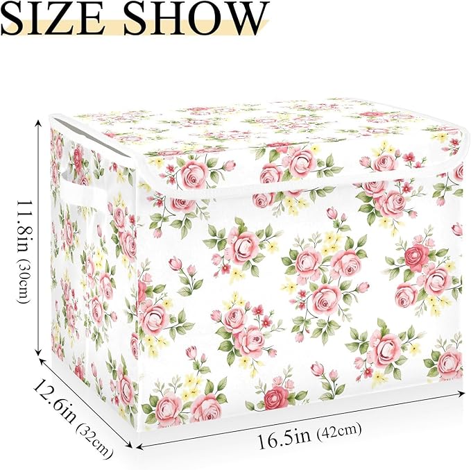senya Flower Baskets Collapsible Storage Bins with Lids, Pink Rose Flower Floral Storage Boxes Clothes Baskets for Organizing