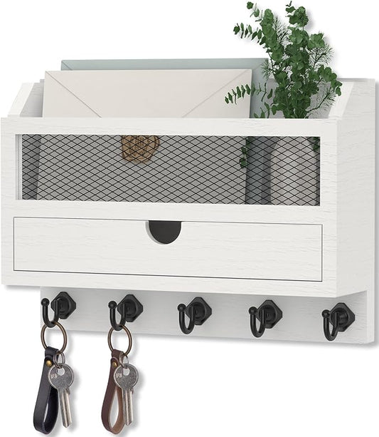 Nekon Key and Mail Holder for Wall, Key Organizer with 5 Hooks & Storage Drawer, 11" W x 7.9" H x 3.1" D Wooden Key Rack for Entryway and Home Decor (White)
