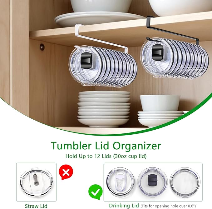 2 Pack Tumbler Lid Organizer for Water Bottle Cup and Mason Jar Storage - Space Saving Kitchen Coffee Cups Organizers Holds 24 Lids, No-Tool Corner Cabinet Rack, No Drill Needed, (Black)