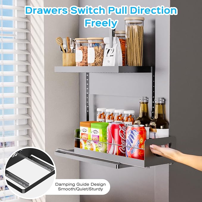 2 Tier Magnetic Storage Shelf with Pull Out Drawer, Height Adjustable Magnetic Organizer for Washing Machine & Fridge Side, No Drill Magnetic Rack for Laundry Room, Kitchen Storage (Black)