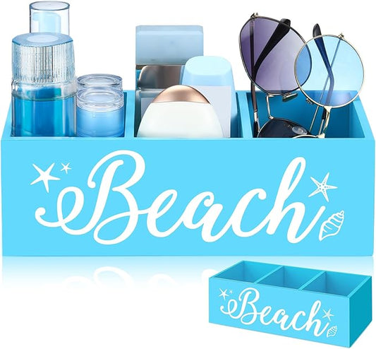 Beach Storage Basket Blue Summer Beach Wooden Box with 3 Compartments Toilet Tank Tray for Indoor Outdoor Swimming Pool Decor Sunblock Sunglasses Pool Toy Storage Box