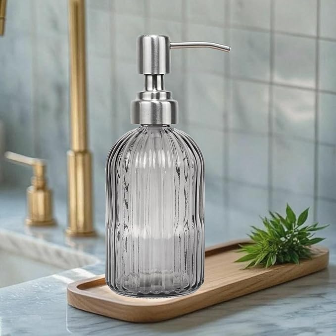 14Oz Gray Soap Dispenser Bathroom, Clear Glass Hand Soap Dispensers with Stainless Steel Pump, Refillable Dish Soap Dispenser for Kitchen, Countertop Soap Dispensers