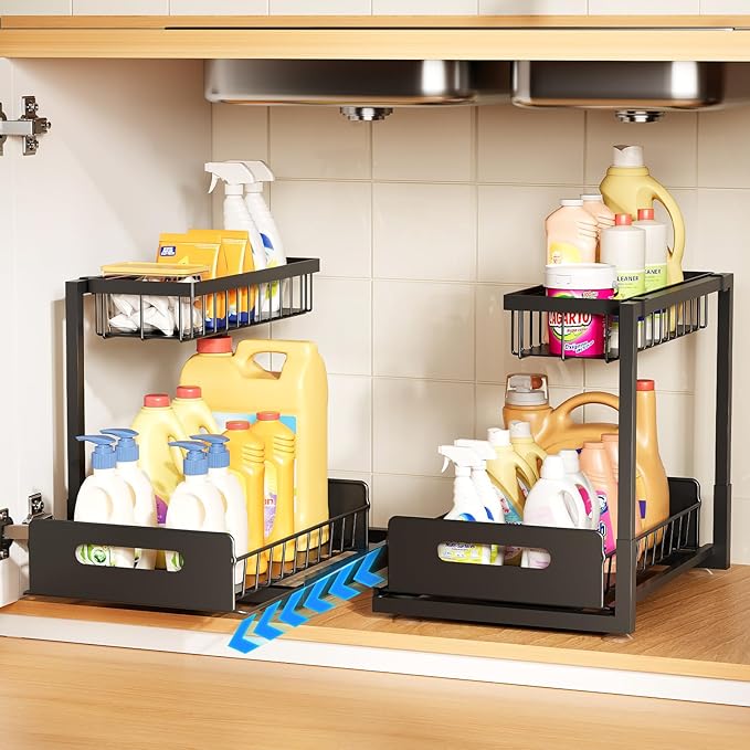 Under Sink Organizer,Metal Pull Out Cabinet Organizer Shelf,Kitchen Bathroom Organizers with Sliding Drawer,Storage Shelves,Storage and organization for Home,Laundry,RV,Pantry,Spice,Black,1 Pack