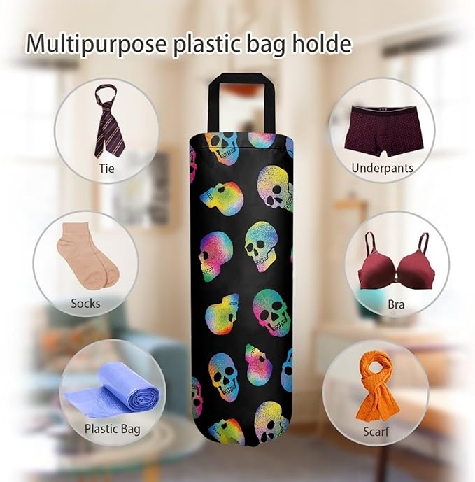 Plastic Bag Holder Set of 2 Hanging Grocery Bag Holder Reusable Plastic Bag Dispenser Trash Bag Organizer Container,Tie Dye Skulls