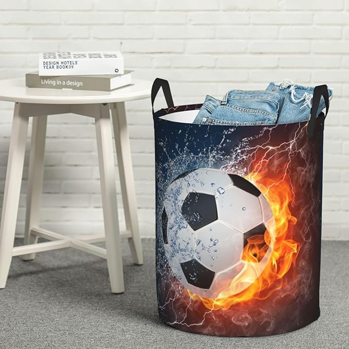 Soccer Ball In Fire And Water Round Laundry Hamper Sport Football Storage Basket Toys Clothes Organizer Bin For Home Bathroom Bedroom Dorm Nursery, 38l
