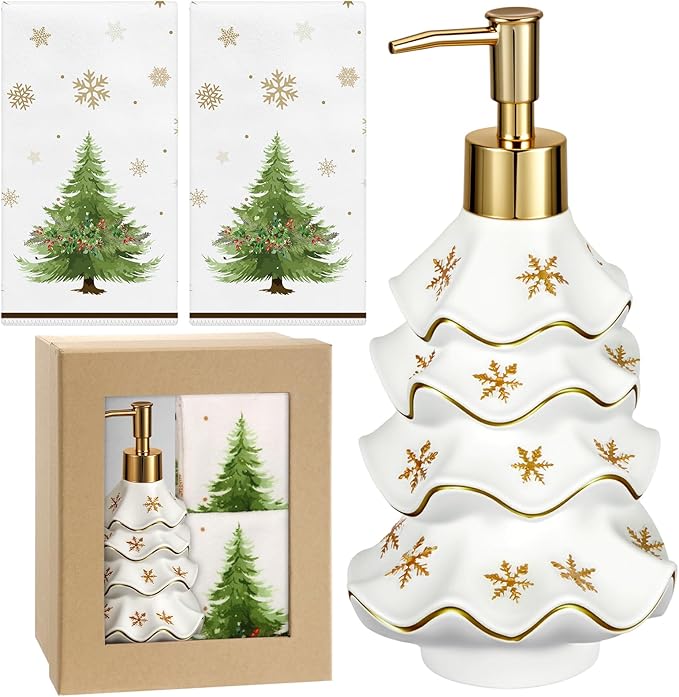 Christmas Soap Dispenser and Towel Set Tree Hand Soap Dispenser with 2 Hand Towels Refillable Lotion Essential Oil Dispensers with Pump for Christmas Bathroom Kitchen