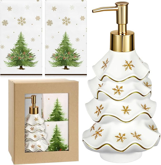 Christmas Soap Dispenser and Towel Set Tree Hand Soap Dispenser with 2 Hand Towels Refillable Lotion Essential Oil Dispensers with Pump for Christmas Bathroom Kitchen