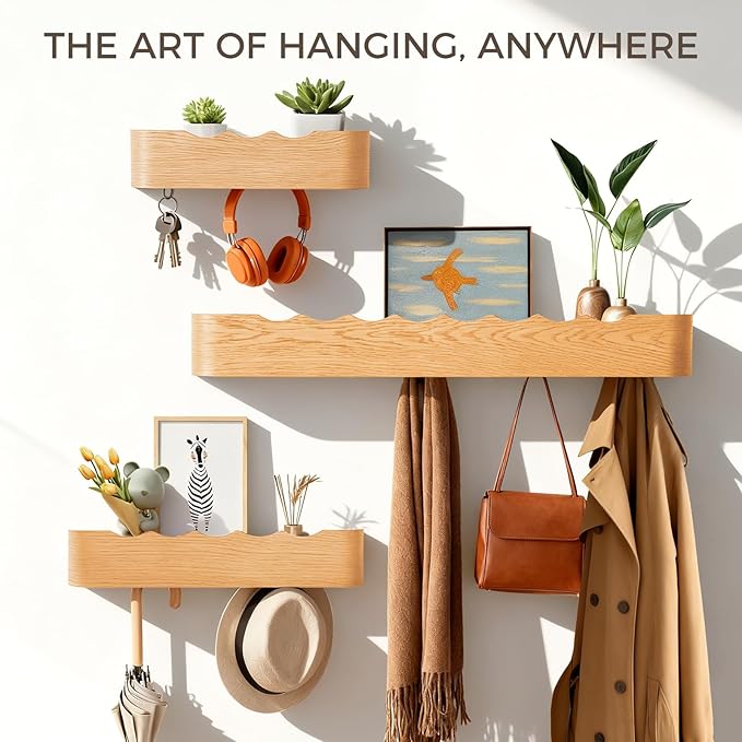 Wall Coat Rack Floating Shelves Modern Coat Rack Wall Mount with Storage Entryway Shelf Wooden Hanger 20 Inch 4 Hidden Metal Hooks for Living Room Bedroom (Wavy Oak, 8 Hooks)