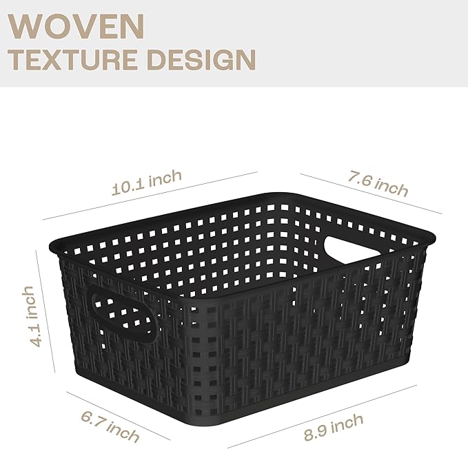 Black Storage Baskets, 12-Pack Stackable Plastic Woven Basket Organizer and Storage, Pantry baskets for Shelves, Cabinets, Classroom, Kitchens, Bathrooms, Countertops and Bedrooms