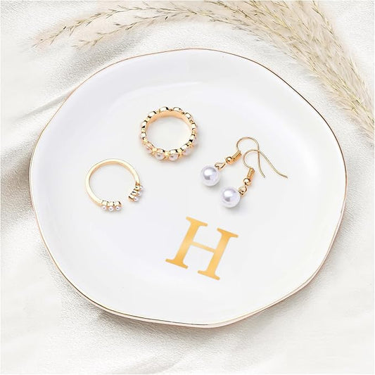 ProCase Ceramic Jewelry Tray, Initial Ring Dish Trinket Plate Engagement Gift, Small Personalized Monogram Ring Bowl for Wedding, White Decorative Jewelry Holder for Women Vanity -Letter H