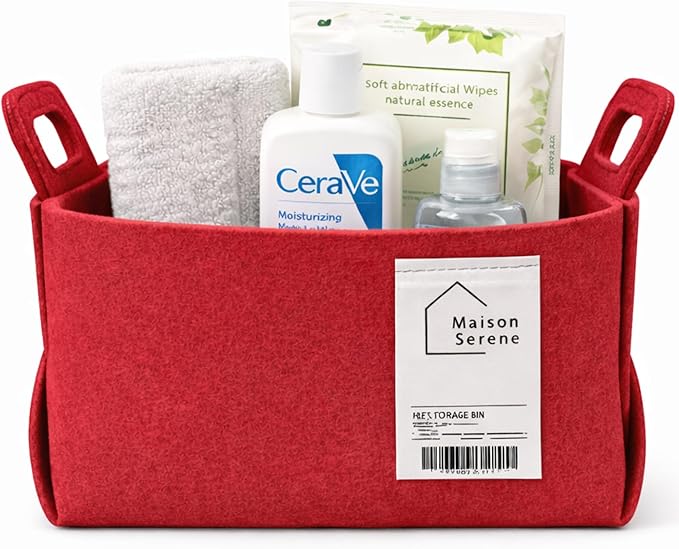 Fabric Storage Basket – Foldable Felt Storage Bin with Handles, Multi-Purpose Storage Organizer for Shelves, Closet, Toys, Clothes, Blankets, Bedroom, Living Room & Nursery, RED, Small