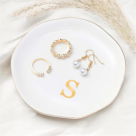 ProCase Ceramic Jewelry Tray, Initial Ring Dish Trinket Plate Engagement Gift, Small Personalized Monogram Ring Bowl for Wedding, White Decorative Jewelry Holder for Women Vanity -Letter S