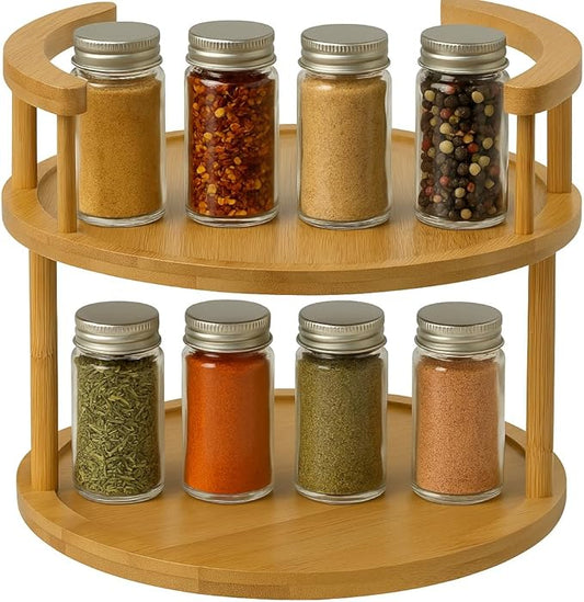 Wooden Rotating Spice Rack - 2 Tier Lazy Susan Turntable Spice Organizer for Countertop & Pantry - Portable & Space-Saving Rotating Storage Rack for Kitchen with 360° Rotating Feature
