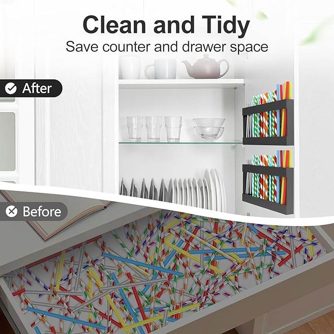 2 Pack 9.5” Large Acrylic Straw Holder for Cabinet Door with Detachable Ultra Sticky Adhesive Squares and Stickers, 2026 Reusable Straws Organizer Storage Dispenser for Kitchen Counter Cupboard