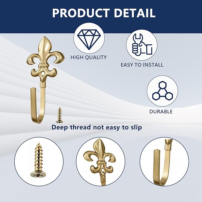 4 Pack Vintage French Fleur De Lis Decorative Wall Hooks, Heavy Duty Metal Curtain Tie Backs for Hanging Coats, Towels, and Robes, Wall Mounted Hangers for Entryway & Bathroom (Gold)