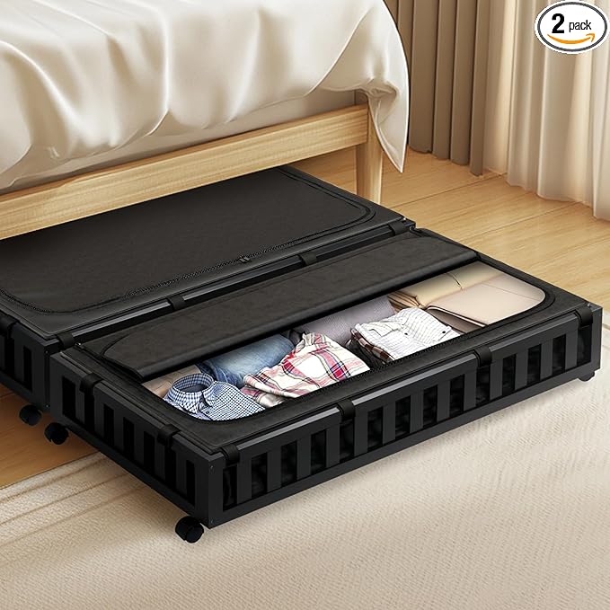 2 Pack Bamboo Under Bed Storage with Wheels, 39âx20âx7.8â Lager Under Bed Storage Containers (Black)
