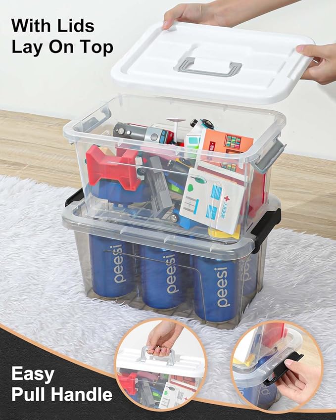 NUMIFUN Plastic Storage Bins with Lids 6 Pack Storage Organizer, 7 Quart Stackable Storage Bins with Buckle-Up Latches and Handle Storage totes easy for Home Office Pantry Organization, Clear Lids