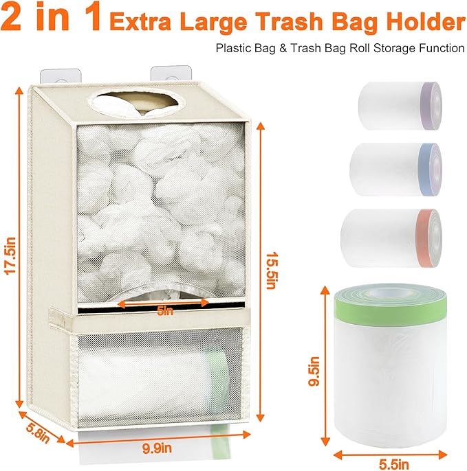 Plastic Bag Holder - Large Wall Mount Grocery Bag Holder & Dispenser for Home Kitchen, 2-in-1 Space-Saving Durable Organizer House Necessities, Beige