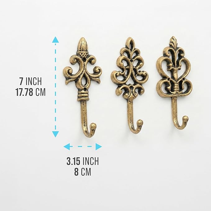 Comfify Shabby Chic Decorative Wall Hooks - Set of 3 - Cast Iron French Country Wall Decor - Farmhouse Hangers for Coats, Purses and More - Gold with Black