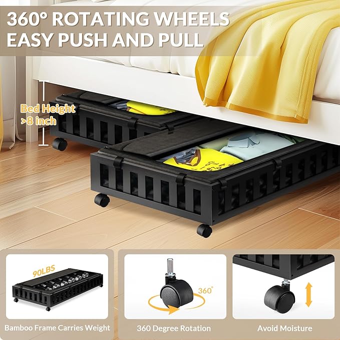 2 Pack Bamboo Under Bed Storage with Wheels, 39âx20âx7.8â Lager Under Bed Storage Containers (Black)