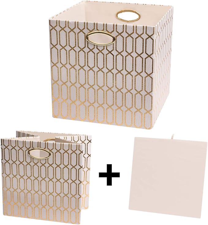 Posprica Storage Bins, Storage Cubes, 11Ã11 Fabric Drawers Organizer Basket Boxes Containers (11Ã11Ã11/4pcs, Cream/gold geometry Pattern)