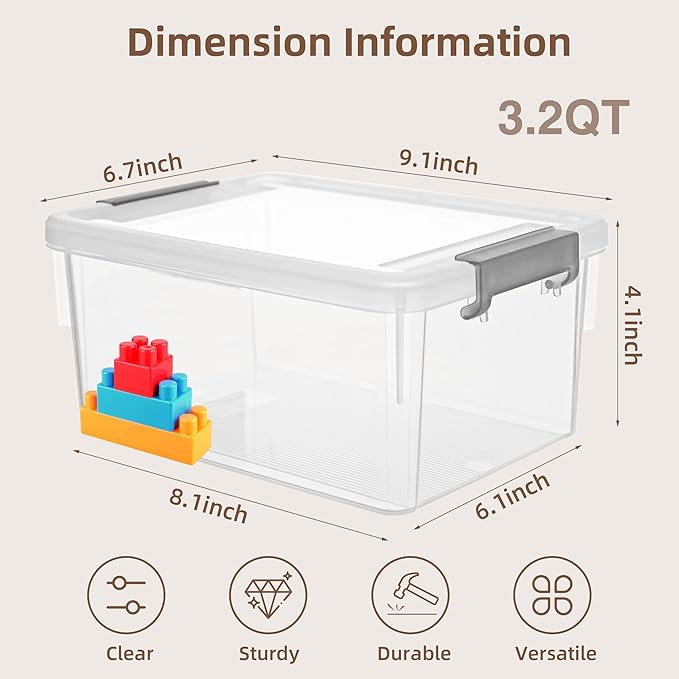 Small Storage Bins with Lids 3.2 QT- 8 Packs Plastic Storage Containers for Organizing Stackable Clear Storage Boxes,Clear White