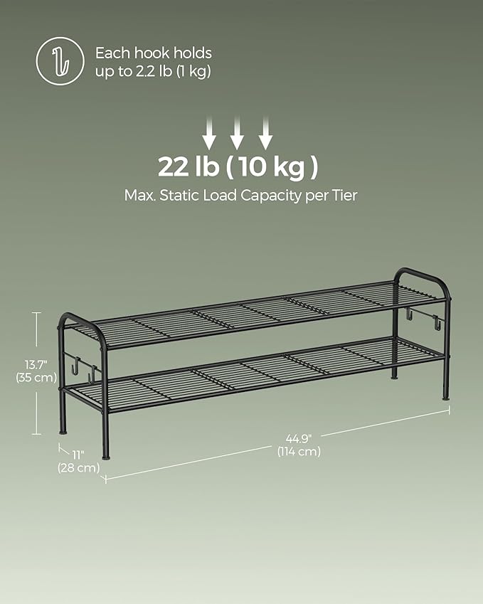 SONGMICS Shoe Rack, 2-Tier Shoe Organizer, Metal Shoe Shelf Storage with 4 Side Hooks, Holds 12 Pairs of Shoes, Height-Adjustable Shoe Rack for Entryway, Hallway, Closet, Ink Black ULMR121B01