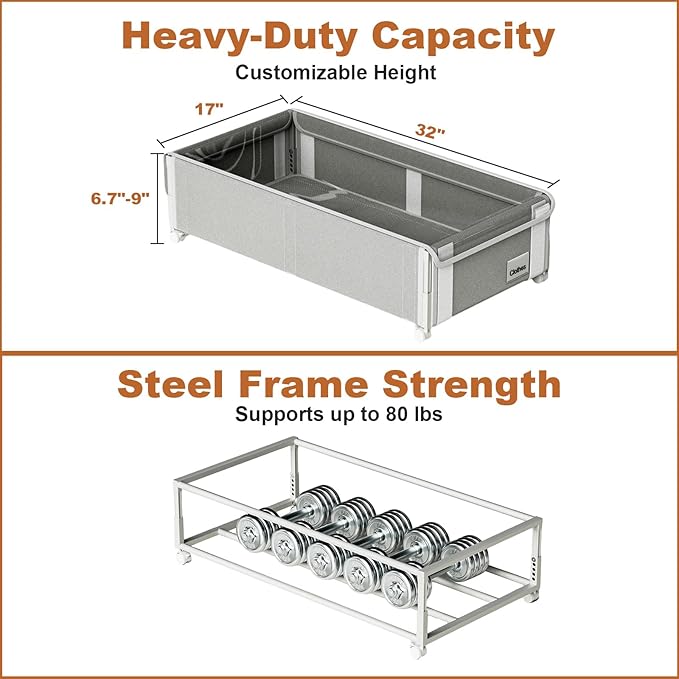 2Pack Under Bed Storage with Wheels,6.7"-9" Adjustable Height Underbed Storage,Under Bed Storage Containers,Rolling Under Bed Clothes Storage,Metal Under Bed Drawers for Shoes,Blankets,Toys