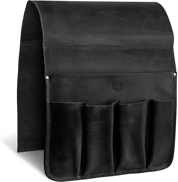 Hide & Drink, Magazine Holder for Sofa Armrest, Organizer Pouch, Armchair Caddy, Full Grain Leather, Handmade (Charcoal Black)