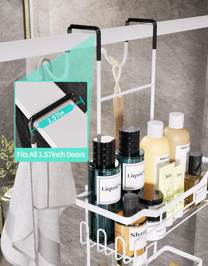 HapiRm Hanging Shower Caddy Over the Door with Soap Holder, No Drilling Adhesive Shower Organizer with 11 Hooks, Rustproof & Waterproof 304 Stainless Steel Bathroom Shelves - White