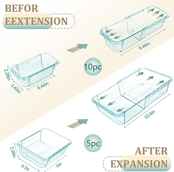 15 Pcs Adjustable Clear Drawer Organizer, All Extendable Vanity Storage Bins, Desk Drawer Organizer Set for Makeup, Cosmetics, Bedroom, and Gadgets, Blue