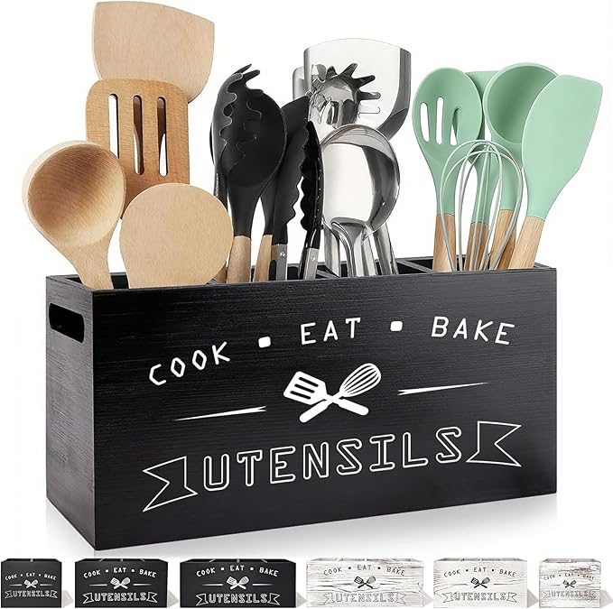 Large Black Utensil Organizer with Removable Dividers - Ideal Wooden Kitchen Countertop Organizer （black 4 Compartment）