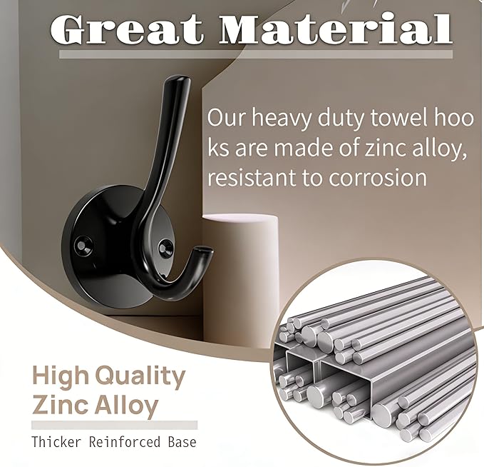 2PCS Black Wall Hooks Towel Hooks, Heavy Duty Coat Hooks for Hanging Coats, Metal Towel Hooks for Bathrooms, Double Hook Wall Mounted