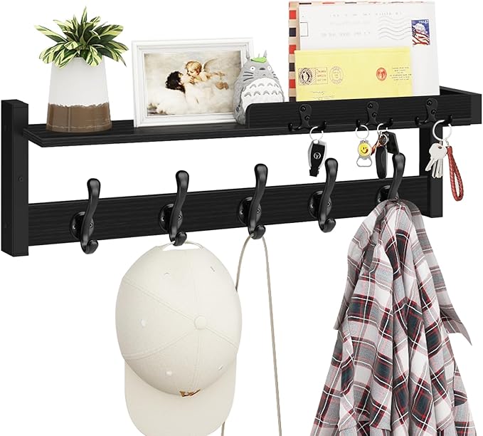 Homode Coat Rack with Shelf, 29 Inch Long Wooden Coat Hanger Wall Mount with Key Rack and Mail Holder, Entryway Wall Hooks with Shelf for Bathroom Living Room Bedroom Hallway Kitchen, Black