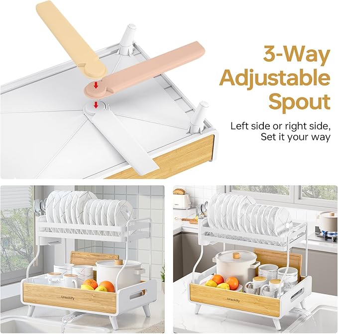2-Tier Dish Drying Rack, Large Stainless Steel & Bamboo Dish Rack for Kitchen Counter, Dish Drainers with Adjustable Automatic Spout,Drying Rack Kitchen with Utensil Holder, White