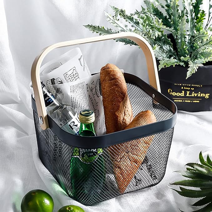 Mesh Steel Storage Organizer Basket Fruit Basket Bin with Wood Handle Ideal for Kitchen Bathroom Picnic Baskets Pantry Cabinets Storage Home Decor (Black)