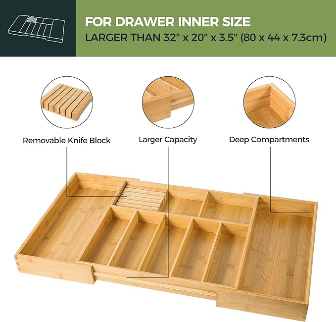 VaeFae Extra Large Kitchen Utensil Holder, Bamboo Silverware Drawer Organizer, Expandable Cutlery Organizer with Knife Block, Multifunctional Drawer Divider