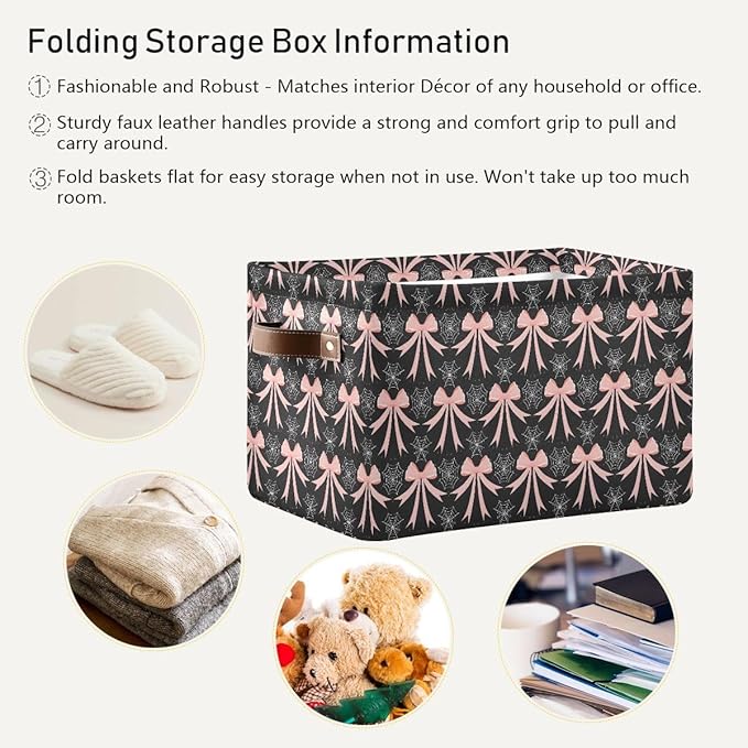 Web Bow Pattern Storage Basket,Large Storage Bin Fabric Collapsible Organizer Bag with Handles 15x11x9.5 inch